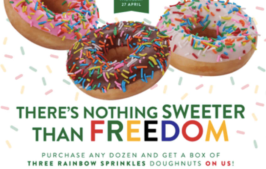 This Freedom day, celebrate with Krispy Kreme when you purchase any dozen doughnuts and get 3 sprinkles doughnuts ON US! Offer only valid Thursday, 27 April 2023. One-Day-Only deal! NOT available through delivery, online orders or at mini locations. While stocks last. Ts and Cs apply #KKSA #FreedomDay #RainbowSprinkles