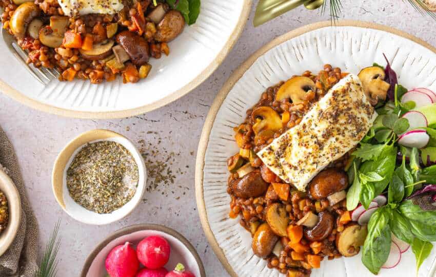 Roasted Hake on Tomato & Mushroom Lentils